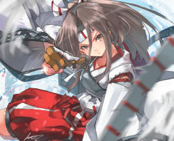 Rule 34 | 1girl, bad id, bad twitter id, blurry, bow (weapon), brown eyes, brown gloves, commentary request, depth of field, gloves, hachimaki, hakama, hakama pants, hakama shorts, headband, high ponytail, highres, japanese clothes, kantai collection, long hair, looking at viewer, machinery, muneate, pants, partially fingerless gloves, partly fingerless gloves, red shorts, shorts, single glove, solo, sunday aki, weapon, yugake, zuihou (kancolle)