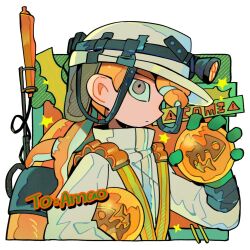 Rule 34 | 1boy, bakori514 (h akka), border, brown eyes, closed mouth, english text, expressionless, fish bone, gloves, golden egg, green gloves, hand up, headlamp, helmet, highres, holding, jumpsuit, lifebuoy, long sleeves, looking at viewer, male focus, nintendo, octoling, octoling boy, octoling player character, orange hair, outside border, pompadour, radio antenna, salmon run (splatoon), short hair, sign, solo, sparkle, splatoon (series), splatoon 3, swim ring, tentacle hair, tentacles, upper body, warning sign, white border, white headwear, white jumpsuit