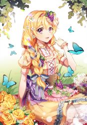 Rule 34 | 1girl, bad id, bad pixiv id, bang dream!, blonde hair, braid, bug, butterfly, female focus, flower, food, food on head, fruit on head, gloves, gradient background, grass, hair flower, hair ornament, insect, long hair, minori (faddy), object on head, open mouth, outdoors, plant, purple eyes, rose, shirasagi chisato, sitting, solo, white background