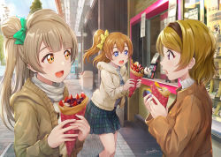 Rule 34 | 10s, 3girls, :d, blue eyes, blush, bow, brown eyes, brown hair, cardigan, casual, clothes writing, clumsy, commentary request, crepe, day, food, green bow, grey hair, hair bow, hairband, highres, holding, holding food, ice cream, jacket, koizumi hanayo, kosaka honoka, light rays, long hair, long sleeves, looking at another, love live!, love live! school idol project, macaron, medium hair, minami kotori, miniskirt, multiple girls, one side up, open clothes, open jacket, open mouth, orange hair, outdoors, pavement, plaid, plaid skirt, printemps (love live!), profile, purple eyes, scarf, shamakho, short hair, sideways glance, signature, skirt, smile, socks, soft serve, spill, standing, storefront, surprised, sweater, trash can, turtleneck, white scarf, yellow bow