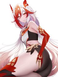 Rule 34 | 1girl, absurdres, animal hands, ass, bare shoulders, black shorts, black sports bra, chinese clothes, claws, detached sleeves, elbow gloves, eyeliner, fu hua, fu hua (garuda), gloves, hair between eyes, hand on own ass, highres, honkai (series), honkai impact 3rd, huge ass, kallen majnun, light blush, long hair, looking at viewer, low-tied long hair, low twintails, makeup, multicolored hair, pantylines, red eyeliner, red eyes, red gloves, red hair, red rope, red scales, red thighhighs, rope, short shorts, shorts, simple background, single thighhigh, solo, sports bra, sportswear, streaked hair, symbol-shaped pupils, thighhighs, thighs, twintails, two-tone hair, white background, white hair, yellow pupils