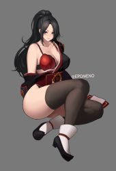 Rule 34 | ankle boots, arm behind back, arm support, bad id, bad pixiv id, black hair, black jacket, black thighhighs, blue eyes, boots, bra, breasts, character request, cleavage, commentary request, dungeon and fighter, epomeno, grey background, invisible chair, jacket, korean commentary, lace, lace-trimmed bra, lace trim, large breasts, legs, light smile, lips, long hair, long sleeves, looking at viewer, off shoulder, parted bangs, parted lips, ponytail, red bra, simple background, sitting, solo, thighhighs, twitter username, underwear, white footwear