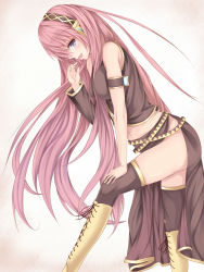 Rule 34 | 1girl, asymmetrical sleeves, black thighhighs, blue eyes, headphones, highres, inushi, long hair, megurine luka, midriff, navel, open mouth, pink hair, solo, thighhighs, uneven sleeves, vocaloid