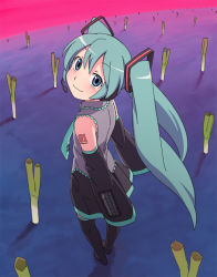Rule 34 | 1girl, aqua hair, blue eyes, detached sleeves, ejji, female focus, full body, gradient background, hatsune miku, solo, spring onion, thighhighs, twintails, vocaloid