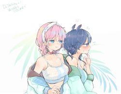 Rule 34 | 2girls, alternate costume, arknights, bare shoulders, blue eyes, blue hair, blue poison (arknights), blue poison (shoal beat) (arknights), blush, braid, camisole, choker, commission, crop top, earrings, embarrassed, glaucus (arknights), hairband, highres, jacket, jewelry, looking at another, low twintails, matching outfits, mishima coco, multiple girls, official alternate costume, open clothes, open jacket, pink choker, pink hair, sports bra, stud earrings, twin braids, twintails, yuri