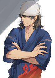 Rule 34 | 1boy, aragaki shinjirou, bandana, black hair, brown hair, closed mouth, crossed arms, flame print, hair between eyes, isa (peien516), japanese clothes, jinbei (clothes), looking at viewer, male focus, persona, persona 3, simple background, solo, upper body, white bandana
