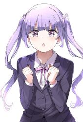 Rule 34 | 1girl, blazer, blush, chestnut mouth, clenched hands, collared shirt, dress shirt, highres, jacket, long hair, long sleeves, new game!, nyoijizai, purple eyes, purple hair, shirt, simple background, solo, suzukaze aoba, twintails, white background, white shirt