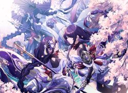 Rule 34 | 2girls, armor, braid, branch, breasts, bridal gauntlets, cherry blossoms, choker, cleavage, commentary request, downblouse, engulfing lightning (genshin impact), face-to-face, fan hair ornament, flower, genshin impact, hair ribbon, highres, hizuki miya, holding, holding polearm, holding sword, holding weapon, japanese clothes, kimono, light smile, long hair, looking at another, low-braided long hair, low-tied long hair, makoto (genshin impact), mitsudomoe (shape), mole, mole under eye, multiple girls, musou isshin (genshin impact), nail polish, obi, obiage, obijime, oil-paper umbrella, pauldrons, petals, polearm, purple eyes, purple flower, purple hair, purple kimono, purple legwear, purple nails, purple rope, raiden shogun, red ribbon, red rope, remembering, ribbon, ribbon choker, rope, sash, short kimono, shoulder armor, shrug (clothing), single pauldron, spear, spoilers, sword, tassel, thighhighs, tomoe (symbol), umbrella, very long hair, weapon, white kimono, white ribbon, yellow rope