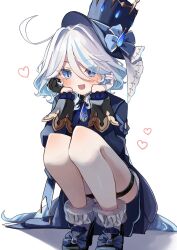 Rule 34 | 1girl, ahoge, bare legs, black gloves, blue eyes, blue footwear, blue hair, blue headwear, blue jacket, blush, bow, footwear bow, furina (genshin impact), genshin impact, gloves, hat, heart, heterochromia, high heels, highres, jacket, jewelry, long hair, looking at viewer, multicolored hair, open mouth, ponytail, shadow, short shorts, shorts, simple background, sitting, sleeve cuffs, t rinne illust, thigh strap, top hat, two-tone hair, white background, white gloves, white hair