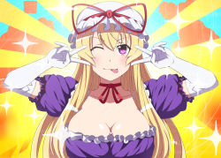 Rule 34 | 1girl, absurdres, arms up, blonde hair, blush, breasts, choker, cleavage, closed mouth, cloud background, collarbone, double v, dress, elbow gloves, frilled dress, frills, from side, gloves, hands up, hat, hat ribbon, highres, kyoukyan, large breasts, light rays, looking at viewer, mob cap, one eye closed, patterned background, puffy short sleeves, puffy sleeves, purple dress, purple eyes, red ribbon, ribbon, ribbon choker, shiny skin, short sleeves, smile, solo, sparkle, tongue, tongue out, touhou, upper body, v, white gloves, yakumo yukari