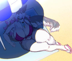Rule 34 | animal ears, beach, beach towel, beach umbrella, bikini, blue eyes, blush, body fur, breasts, commentary request, food, furry, furry female, holding, holding food, huge breasts, kishibe, mouth hold, original, pink bikini, sandals, shade, snout, solo, swimsuit, tail, thick thighs, thighs, towel, umbrella, white fur, wolf, wolf ears, wolf girl, wolf tail