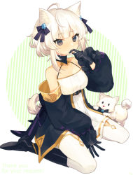 Rule 34 | 1girl, ahoge, animal ears, black eyes, black footwear, black gloves, blunt bangs, boots, breasts, collarbone, commission, detached sleeves, dog, dress, finger to mouth, frilled sleeves, frills, geta (epicure no12), gloves, gold trim, hair ribbon, highres, looking at viewer, medium breasts, off shoulder, original, ribbon, short hair, sitting, skeb commission, solo, spaghetti strap, tail, thighhighs, wariza, white dress, white hair, white thighhighs