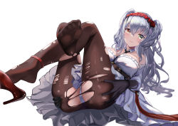 Rule 34 | 1girl, absurdres, ass, ass grab, azur lane, ban tang, between breasts, black gloves, black necktie, black pantyhose, blue eyes, breasts, crossed legs, detached collar, dress, elbing (azur lane), elbing (the throne of misfortune) (azur lane), frilled hairband, frills, full body, gloves, grabbing own ass, hair between eyes, hairband, heterochromia, high heels, highres, large breasts, long hair, necktie, necktie between breasts, official alternate costume, panties, panties under pantyhose, pantyhose, red eyes, red footwear, red hairband, shoe dangle, shoes, simple background, solo, torn clothes, torn pantyhose, underwear, white background, white dress, white hair, white panties