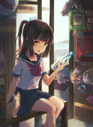 Rule 34 | 1girl, absurdres, animal, bada (jksh5056), bench, black sailor collar, black skirt, blue sky, blunt bangs, blush, bottle, bow, brown eyes, brown hair, cat, cloud, commentary request, day, glass door, hand up, highres, holding, holding bottle, horizon, indoors, long hair, looking at viewer, ocean, on bench, one side up, original, parted lips, pleated skirt, ramune, red bow, sailor collar, school uniform, serafuku, shirt, short sleeves, sitting, skirt, sky, solo, sweat, transparent, water, white shirt
