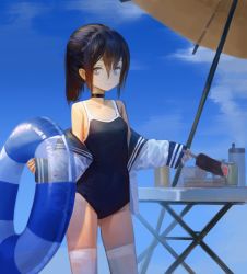 Rule 34 | 1girl, bad id, bad twitter id, beach umbrella, black choker, black hair, blue eyes, blue sky, breasts, choker, competition school swimsuit, cup, day, dokshuri, food, gluteal fold, groin, hair between eyes, highres, holding, holding food, ice cream, innertube, long sleeves, looking at viewer, medium hair, one-piece swimsuit, original, outdoors, ponytail, school swimsuit, school uniform, serafuku, sky, small breasts, solo, standing, swim ring, swimsuit, swimsuit under clothes, table, thighhighs, umbrella, white thighhighs