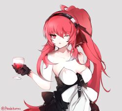 Rule 34 | 1girl, absurdres, ahoge, bare shoulders, black gloves, cup, dress, gloves, grey background, hairband, highres, holding, holding cup, long hair, looking to the side, mole, mole under eye, parted lips, ponytail, punishing: gray raven, red eyes, red hair, ribbon, rozy94, sidelocks, solo, upper body, vera: garnet (punishing: gray raven), vera (punishing: gray raven)