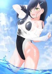Rule 34 | 1girl, absurdres, black hair, black one-piece swimsuit, blue sky, breasts, cloud, commentary request, competition swimsuit, cowboy shot, day, go-toubun no hanayome, hair ornament, hairclip, highleg, highleg swimsuit, highres, long hair, medium breasts, one-piece swimsuit, outdoors, shirt, sky, soaking feet, solo, swimsuit, t-shirt, takebayashi (go-toubun no hanayome), water, wet, wet clothes, white shirt, yakutashi, yellow eyes