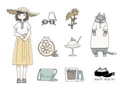 Rule 34 | 1girl, animal, bag, bird, black hair, cat, clothed animal, collared shirt, east sha2, flower, food, fruit, glasses, grey cat, group name, hat, ice cream, leaf, looking at viewer, no nose, original, sandals, shirt, short hair, short sleeves, skirt, standing, white background, white shirt, yellow flower, yellow skirt