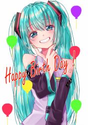 Rule 34 | 1girl, arm tattoo, balloon, blue eyes, blue hair, blue necktie, detached sleeves, english text, fingers to chin, hand on own chin, happy birthday, hatsune miku, highres, long hair, looking at viewer, mendakoyaki, necktie, smile, solo, tattoo, twintails, upper body, vocaloid, white background