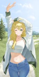 Rule 34 | 1girl, absurdres, arms up, blonde hair, blue pants, breasts, choker, clip studio paint (medium), closed mouth, cloud, crop top, denim, e ga ku, grass, green eyes, highres, hoshii miki, idolmaster, idolmaster (classic), jacket, jeans, jewelry, large breasts, long hair, looking at viewer, midriff, navel, necklace, one eye closed, outdoors, pants, sky, smile, solo, stomach, tank top, thigh gap, trail, tree, wavy hair, white jacket, white tank top