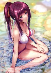 Rule 34 | 1girl, absurdres, arm support, bare arms, bare shoulders, barefoot, bikini, blurry, blurry background, breasts, cleavage, closed mouth, day, hanikami kanojo, highres, lips, long hair, looking at viewer, medium breasts, mole, mole on thigh, navel, outdoors, piromizu, ponytail, purple eyes, scan, shiny skin, simple background, sitting, smile, solo, stomach, swimsuit, toes, wariza, water, wet