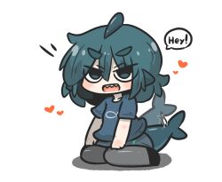 Rule 34 | 1girl, :d, afterimage, black footwear, blue eyes, blue hair, blue shirt, blush, commentary request, english text, fins, fish tail, fuka-chan, full body, grey pantyhose, grey skirt, hair between eyes, heart, highres, looking at viewer, open mouth, original, pantyhose, shadow, shark tail, sharp teeth, shirt, shoes, short eyebrows, short sleeves, simple background, skirt, smile, solo, tail, tail wagging, teeth, thick eyebrows, uni souchou, white background