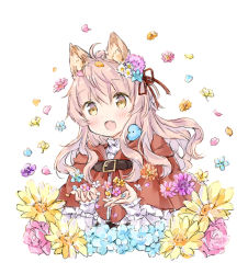 Rule 34 | 1girl, :d, ahoge, animal, animal ear fluff, animal ears, bird, blue flower, bluebird, blush, brown eyes, brown flower, capelet, commentary request, fang, flower, hair between eyes, hair flower, hair ornament, hair ribbon, hood, hood down, hooded capelet, long hair, long sleeves, open mouth, original, petals, pink flower, pink hair, pink rose, red capelet, red ribbon, ribbon, rose, shirt, simple background, sleeves past wrists, smile, solo, wataame27, white background, white shirt, wolf-chan (wataame27), wolf ears, yellow flower