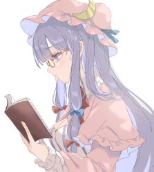Rule 34 | 1girl, bespectacled, blue bow, book, bow, breasts, cleavage, closed mouth, crescent, crescent hat ornament, dress, from side, glasses, hair bow, hat, hat ornament, highres, holding, holding book, large breasts, long hair, long sleeves, medium breasts, mob cap, paragasu (parags112), patchouli knowledge, pink dress, pink hat, profile, purple eyes, purple hair, reading, red bow, sidelocks, simple background, solo, striped clothes, striped dress, touhou, upper body, vertical-striped clothes, vertical-striped dress, white background