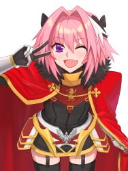 Rule 34 | astolfo (fate), black bow, black thighhighs, bow, cape, fang, fate/grand order, fate (series), fur-trimmed cape, fur trim, garter straps, gauntlets, gloves, hair bow, hair intakes, highres, kumo955, leaning forward, male focus, multicolored hair, official alternate costume, one eye closed, open mouth, pink hair, purple eyes, red cape, skin fang, smile, solo, streaked hair, thighhighs, trap, v