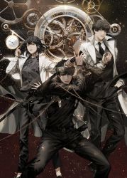 Rule 34 | 1girl, 2boys, black hair, black necktie, black shirt, blackbox (blackbox9158), chain, chain around arm, clockwork, collared shirt, cover, cover page, fighting stance, gears, han sooyoung, highres, holding, holding chain, holding sword, holding weapon, jacket, kim dokja, korean commentary, long sleeves, looking at viewer, mole, mole under eye, multiple boys, necktie, novel cover, official art, omniscient reader&#039;s viewpoint, pants, scar, scar across eye, serious, shirt, short hair, suit jacket, sword, textless version, unsheathed, waistcoat, weapon, white jacket, wrist belt, yoo joonghyuk