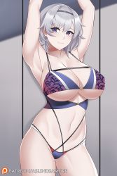Rule 34 | 1girl, armpits, arms up, aslindsamure, azur lane, bare shoulders, blush, bra, breasts, cleavage, collarbone, hairband, highres, large breasts, looking at viewer, navel, open mouth, panties, purple bra, purple eyes, purple panties, reno (azur lane), short hair, silver hair, smile, solo, thighs, underbust, underwear
