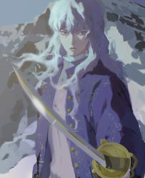 Rule 34 | 1boy, androgynous, berserk, blue eyes, blue jacket, buttons, closed mouth, commentary, curly hair, english commentary, griffith (berserk), hair between eyes, highres, holding, holding sword, holding weapon, jacket, long hair, looking at viewer, male focus, outdoors, saber (weapon), serious, snow, solo, sword, wavy hair, weapon, white hair, wujicha