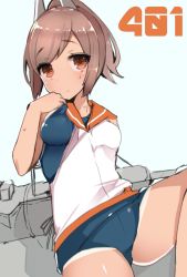 Rule 34 | 10s, 1girl, brown hair, dark skin, dark-skinned female, i-401 (kancolle), kantai collection, orange eyes, personification, school swimsuit, solo, swimsuit, swimsuit under clothes, tetsubuta