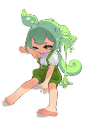 Rule 34 | 1girl, arm up, barefoot, brown eyes, buttons, commentary, crying, dot nose, english commentary, feet, full body, green shorts, grey hair, hair tie, high-waist shorts, highres, long hair, looking down, low ponytail, neck ribbon, one eye closed, pea pod, pink ribbon, ponytail, puffy shorts, ribbon, shirt, short sleeves, shorts, simple background, sitting, soles, solo, suspender shorts, suspenders, thick eyebrows, toenails, toes, voicevox, white background, white shirt, yokappa (jokappa), zundamon