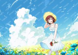 Rule 34 | 1girl, bare arms, blue flower, blue sky, brown hair, closed eyes, cloud, commentary request, day, dress, flower, girls band cry, grass, habsida (habsida hpy), hat, holding, holding flower, iseri nina, jewelry, korean commentary, looking at viewer, meadow, necklace, open mouth, outdoors, red flower, sample watermark, short twintails, sky, sleeveless, sleeveless dress, smile, solo, straw hat, twintails, watermark, white dress