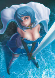 Rule 34 | 10s, 1girl, bare shoulders, black gloves, blue eyes, blue hair, breasts, cape, eimelle (nikukyuu), elbow gloves, foreshortening, from above, gloves, large breasts, looking at viewer, magical girl, mahou shoujo madoka magica, mahou shoujo madoka magica (anime), matching hair/eyes, miki sayaka, smile, solo, standing, sword, thighhighs, weapon, white thighhighs