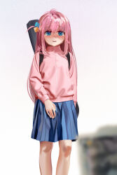 Rule 34 | 1girl, absurdres, banknote, blue eyes, blue skirt, blush, bocchi the rock!, cube hair ornament, gotoh hitori, hair ornament, highres, holding, holding money, instrument case, jacket, long hair, long sleeves, money, one side up, open mouth, pink hair, pink jacket, pleated skirt, simple background, skirt, solo, standing, suggestive fluid, sweetonedollar, track jacket, white background
