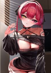 Rule 34 | 1girl, alternate costume, black bra, black collar, black panties, black sweater, window blinds, bra, bra pull, breasts, cleavage, cleavage cutout, clothes pull, clothing cutout, collar, hand up, heterochromia, highres, hololive, houshou marine, large breasts, leaning forward, long hair, looking at viewer, lumium, no pants, off-shoulder sweater, off shoulder, panties, panty pull, parted lips, pulling own clothes, red eyes, red hair, solo, strap slip, sweater, twintails, underwear, virtual youtuber, yellow eyes
