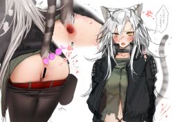 Rule 34 | 1girl, absurdres, anal, anal beads, anal fluid, anal object insertion, anger vein, animal ears, anus, arknights, ass, bar censor, belt, black hair, black jacket, black pants, blush, breasts, cat larva, censored, clothes pull, commentary, fang, from behind, gaping, green shirt, hair between eyes, heart, highres, indra (arknights), jacket, long hair, looking at viewer, medium breasts, multiple views, neko no youchuu, object insertion, open clothes, open jacket, open mouth, pants, pants pull, pussy, pussy juice, red belt, scar, scar on face, scar on nose, scowl, sex toy, shirt, silver hair, simple background, skin fang, sound effects, striped tail, sweat, sweatdrop, tail, tail raised, tiger ears, tiger girl, tiger tail, torn clothes, torn shirt, translated, trembling, white background, yellow eyes