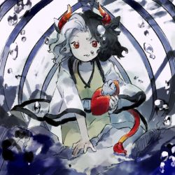 Rule 34 | animal ears, black hair, bubble, cow ears, cow tail, haori, holding, horns, japanese clothes, kaigen 1025, looking at viewer, multicolored hair, red eyes, shirt, tail, touhou, two-tone hair, underwater, upper body, ushizaki urumi, white hair, wide sleeves, yellow shirt