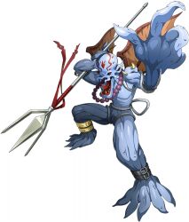 Rule 34 | 1boy, bandai, belt, chain, dagomon, demon wings, digimon, digimon (creature), digimon new century, fangs, full body, holding, holding trident, holding weapon, horns, jewelry, looking at viewer, necklace, no humans, octopus, official art, open mouth, polearm, reaching, reaching towards viewer, red eyes, sharp teeth, solo, teeth, tentacles, trident, weapon, wings
