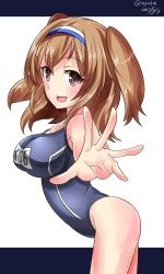 Rule 34 | 10s, blush, breasts, brown eyes, foreshortening, hairband, hebitsukai-san, highres, i-26 (kancolle), impossible clothes, impossible swimsuit, kantai collection, large breasts, leaning forward, light brown hair, long hair, new school swimsuit, open mouth, school swimsuit, smile, solo, swimsuit, twitter username, two-tone hairband, two side up, white background