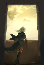 Rule 34 | 1girl, black footwear, black jacket, black shorts, boots, brown pantyhose, closed mouth, enlightened byleth (female), fire emblem, fire emblem: three houses, from behind, full body, green hair, hair between eyes, jacket, jacket on shoulders, knee boots, pantyhose under shorts, long hair, nintendo, pantyhose, profile, robaco, short shorts, shorts, solo, standing, straight hair, twitter username, waist cape