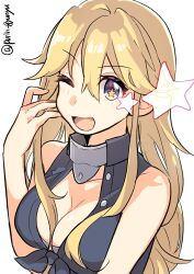 Rule 34 | 1girl, black shirt, blonde hair, blue eyes, breasts, cleavage, highres, iowa (kancolle), kantai collection, large breasts, long hair, niina (purin gyunyu), one-hour drawing challenge, one eye closed, shirt, simple background, sleeveless, sleeveless shirt, smile, solo, star-shaped pupils, star (symbol), symbol-shaped pupils, tied shirt, twitter username, white background