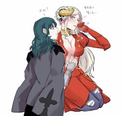 Rule 34 | 2girls, armor, blonde hair, blue eyes, blue hair, breasts, byleth (female) (fire emblem), byleth (fire emblem), cape, chuuum m, closed mouth, edelgard von hresvelg, fire emblem, fire emblem: three houses, gloves, hair ornament, horns, long hair, looking at viewer, multiple girls, nintendo, pantyhose, red cape, scar, short hair, simple background, torn clothes, torn legwear, upper body, white background, yuri