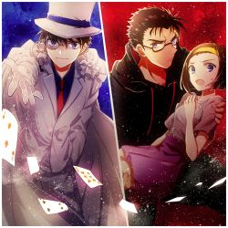 Rule 34 | black background, black hair, black hoodie, blue eyes, blue shirt, brown hair, cape, card, commentary request, dress, glasses, gloves, hairband, hat, holding, holding person, hood, hoodie, jacket, kaitou kid, kyougoku makoto, long sleeves, looking at viewer, meitantei conan, monocle, necktie, noru (lila2), pink dress, playing card, purple eyes, red background, red neckwear, shirt, short hair, short sleeves, suzuki sonoko, sweatdrop, white cape, white gloves, white headwear, white jacket, yellow hairband