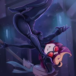Rule 34 | 1girl, amanda o&#039;neill, ass, black bodysuit, bodysuit, breasts, broom, goggles, grin, high heels, highres, legs, little witch academia, medium breasts, multicolored hair, orange hair, red hair, short hair, smile, solo, toasty scones, two-tone hair