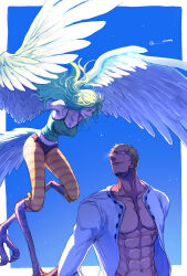 Rule 34 | 1boy, 1girl, 4444 (tetsuya), abs, bird legs, blonde hair, breasts, clothes writing, donquixote doflamingo, earrings, green hair, green tank top, harpy, jewelry, large breasts, long hair, looking at viewer, monet (one piece), monster girl, muscular, muscular male, navel, one piece, open clothes, open mouth, orange eyes, pantyhose, pectorals, shirt, short hair, smile, striped clothes, striped pantyhose, sunglasses, tank top, twitter username, white shirt, winged arms, wings