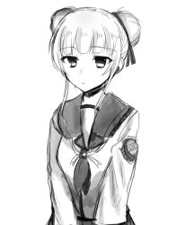 Rule 34 | 1girl, absurdres, angel beats!, closed mouth, commentary request, double bun, expressionless, eyes visible through hair, greyscale, hair bun, hair ornament, hair ribbon, headset, highres, key (company), long hair, long sleeves, looking to the side, microphone, monochrome, ribbon, school uniform, serafuku, shinda sekai sensen uniform, shirt, simple background, solo, standing, twintails, upper body, white background, white shirt, yusa (angel beats!), zuzuhashi