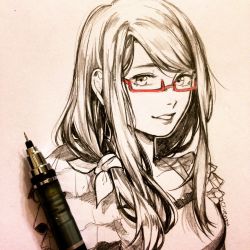 Rule 34 | 1girl, :d, bow, clivenzu, glasses, graphite (medium), hair ornament, highres, kamishiro rize, long hair, looking at viewer, mechanical pencil, open mouth, pencil, photo (medium), red theme, semi-rimless eyewear, signature, smile, solo, spot color, tokyo ghoul, traditional media, under-rim eyewear, upper body